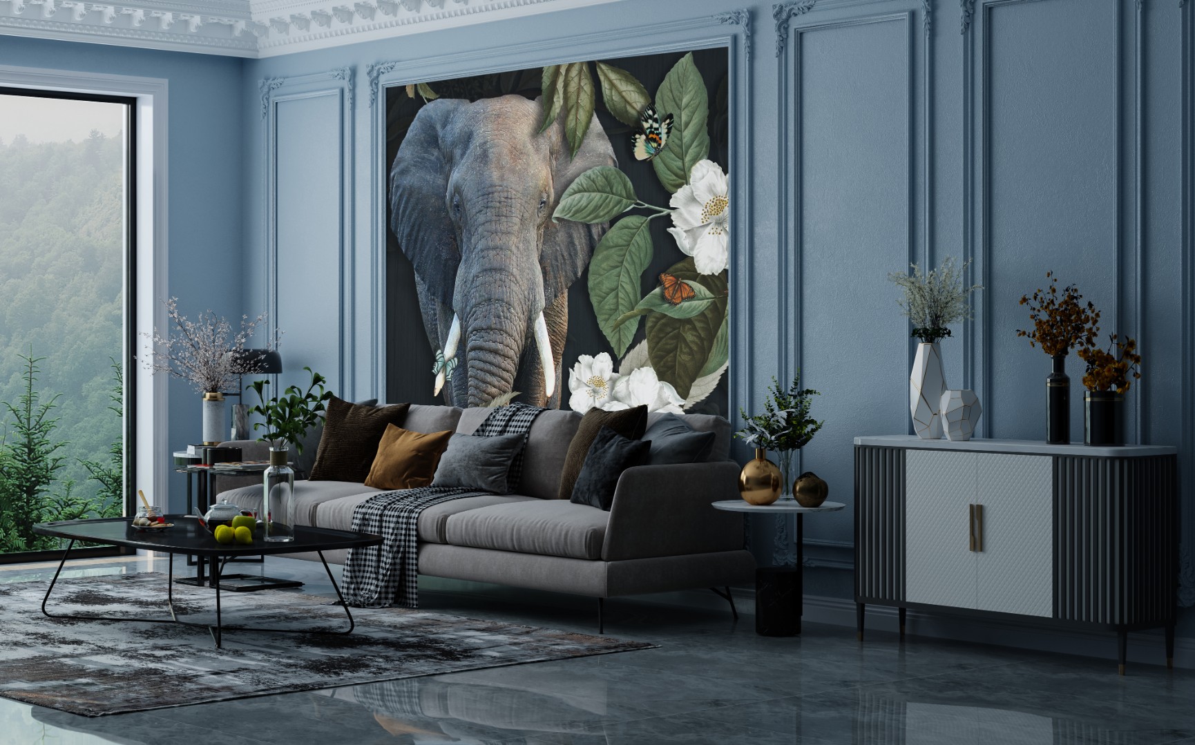 Olifant met bloemen en vlinders-7632