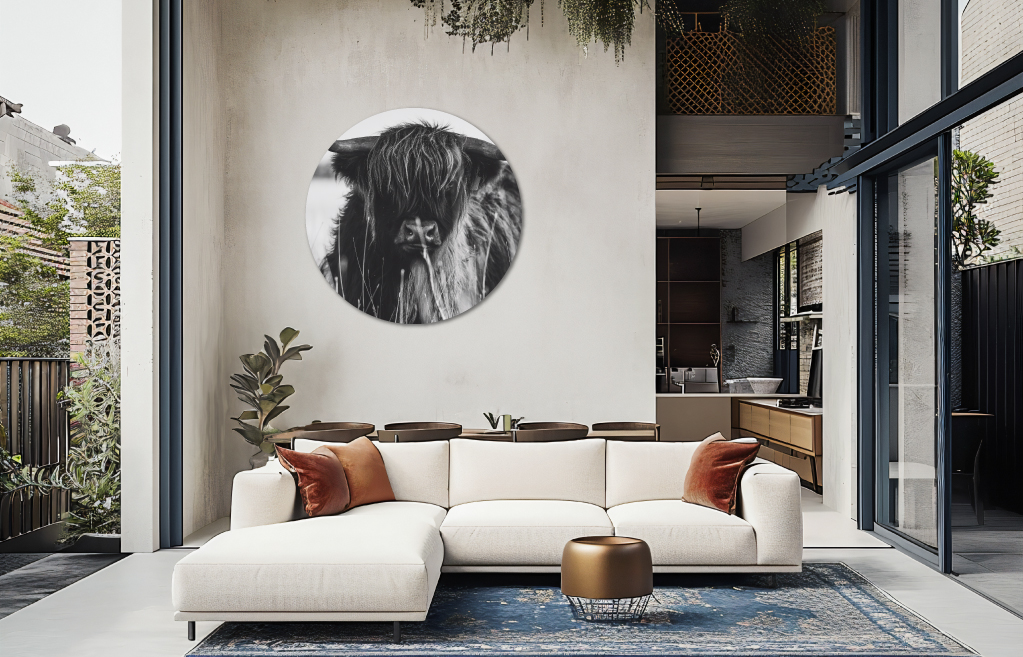 Muurcirkel schotse hooglander zwart wit