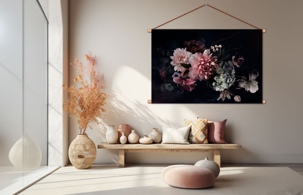 Textiel poster bloemen met zwarte achtergrond