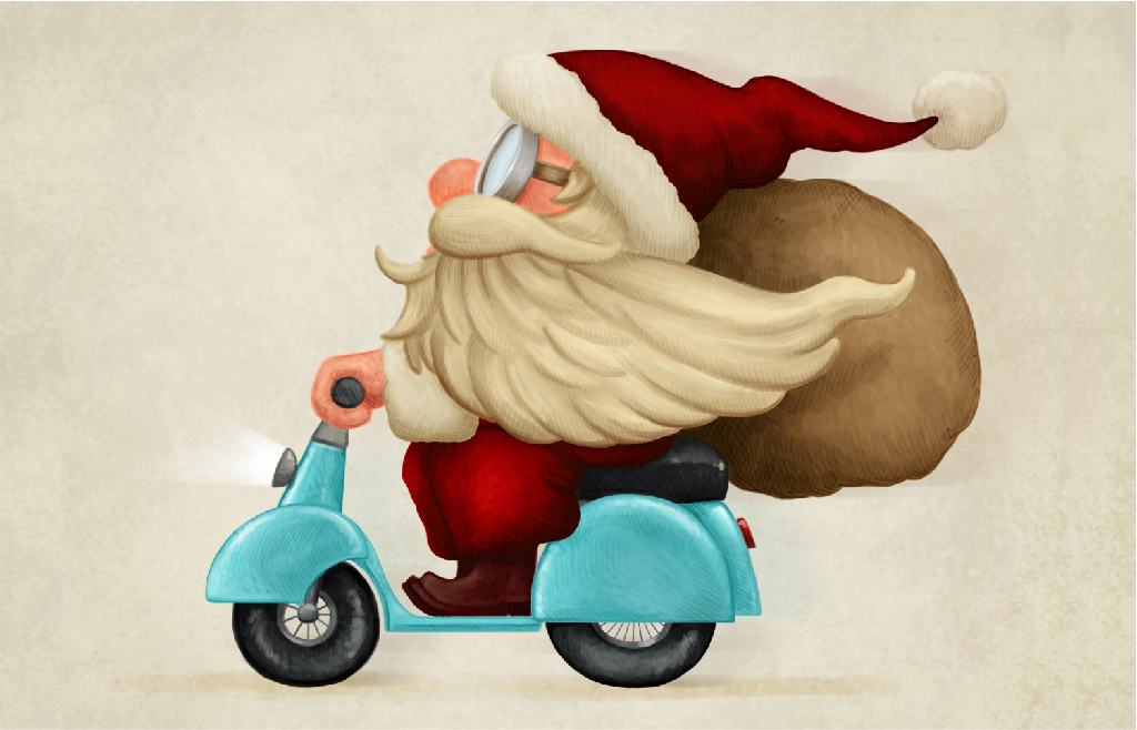 Kerstman op vintage scooter